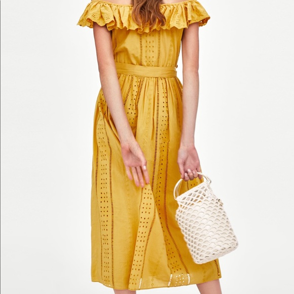 ZARA MUSTARD OFF THE SHOULDER EMBROIDERED MIDI FRILL DRESS SMALL NEW WITH TAGS - Picture 6 of 12